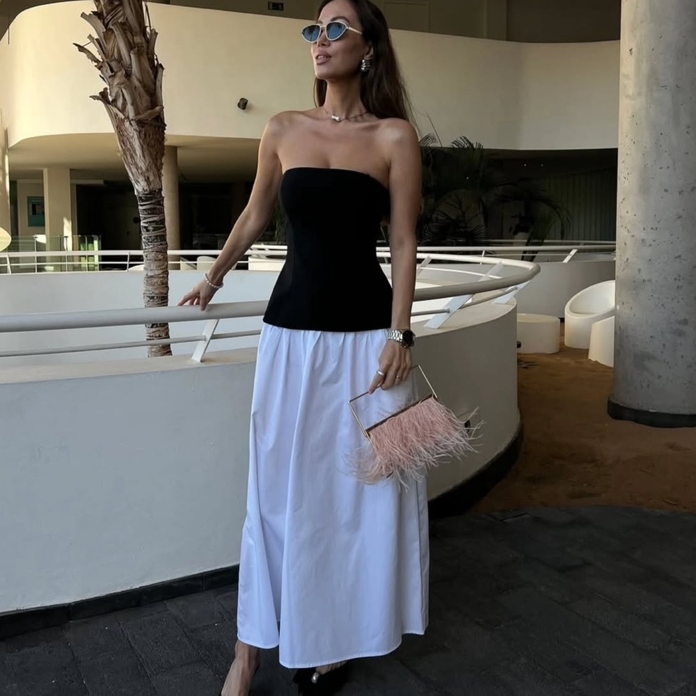 Zara Black and White Strapless Midi Dress